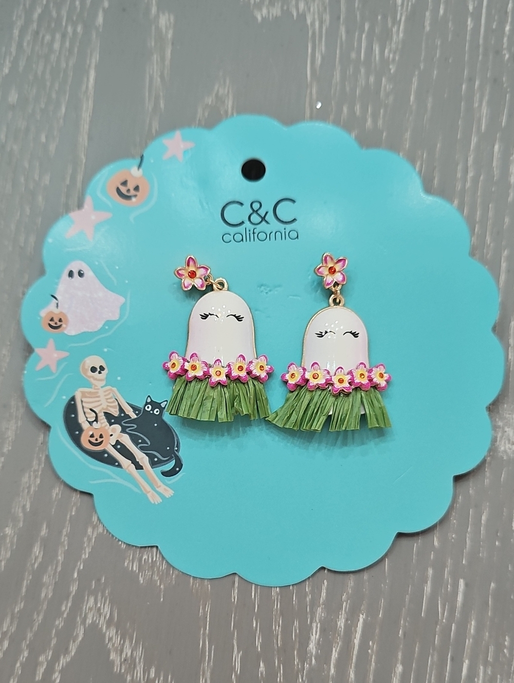 New! Summerween Ghost Hula Earrings with Green Skirts and Pink Flowers Halloween